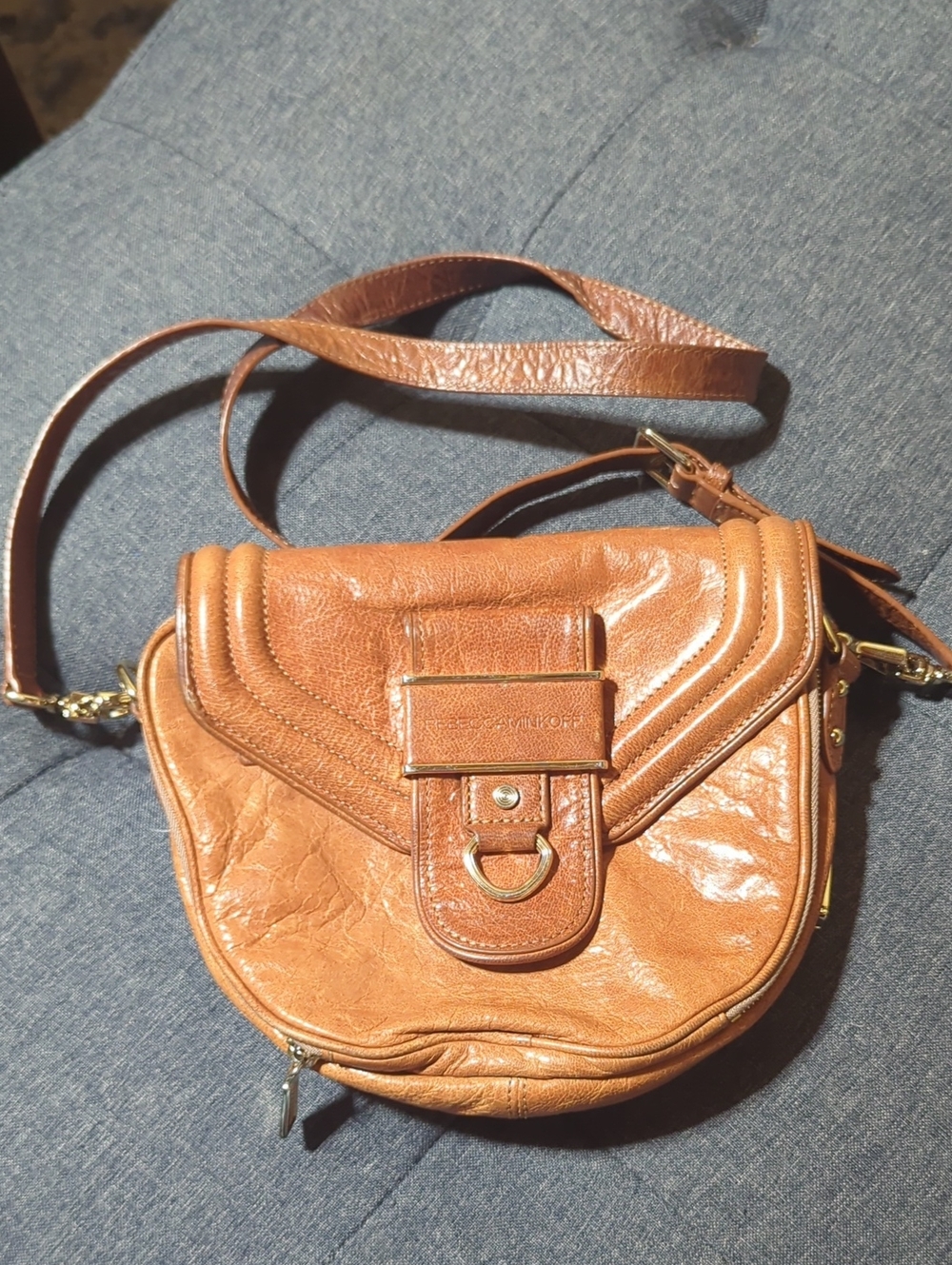 Rebecca Minkoff Cognac Brown Leather Crossbody Saddle Bag with Gold Hardware